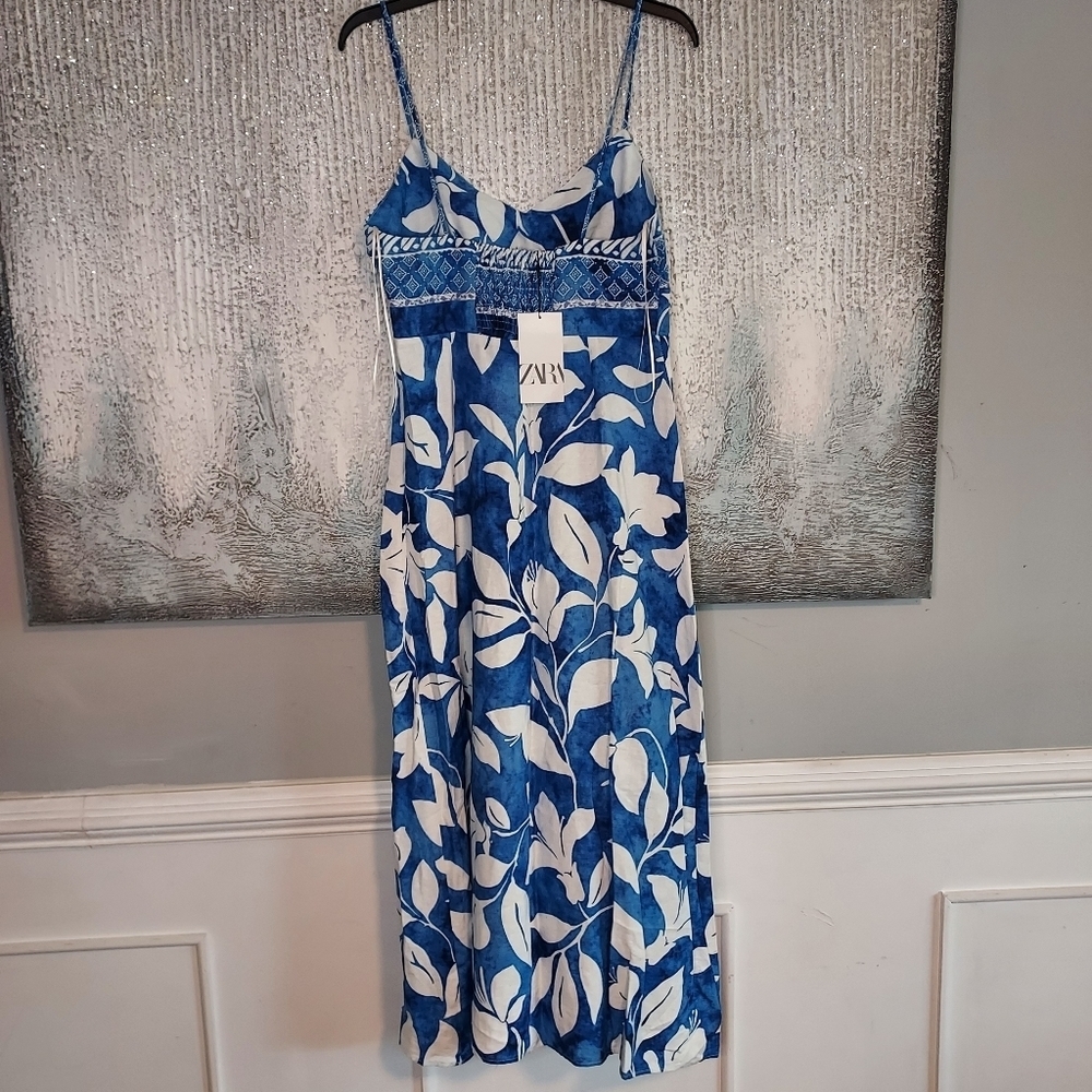 Gorgeous Summer Style ZARA Linen Midi Dress in Blue Hawaii Style Print - Picture 7 of 9